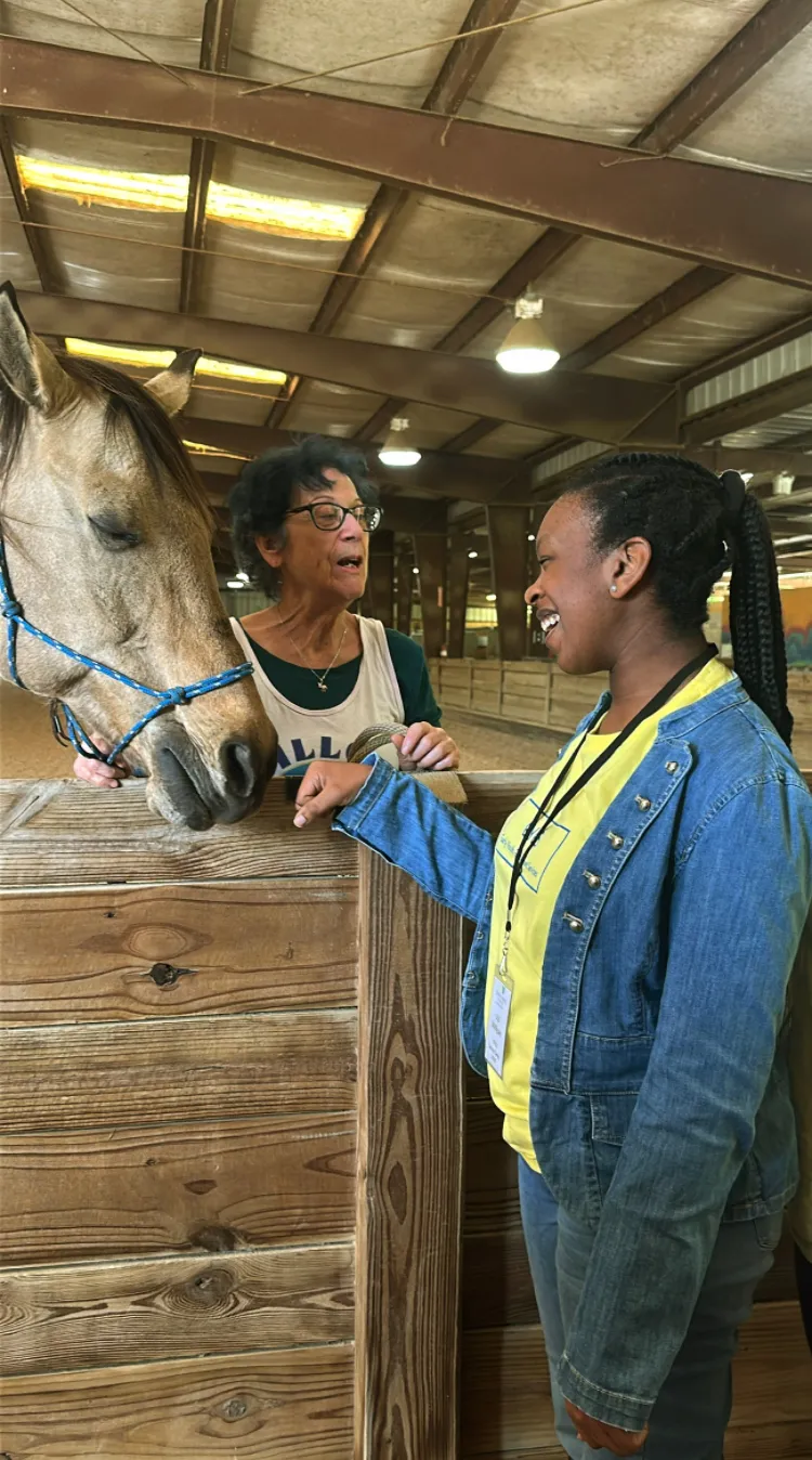 Community members visiting a horse during an outing for autistic young adults and families